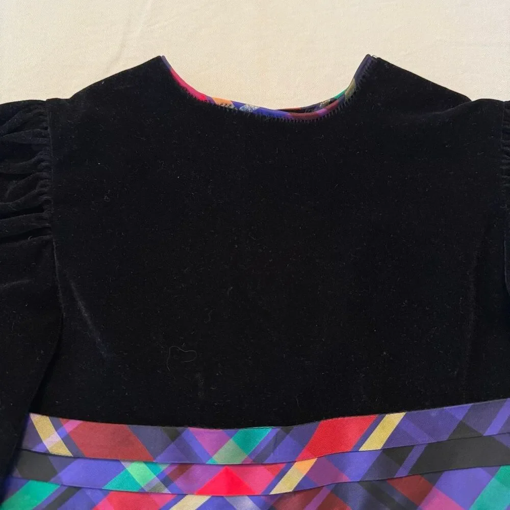 Vintage Polly Flinders | Velvet & Plaid Holiday Dress | Gold Button Back | Girls